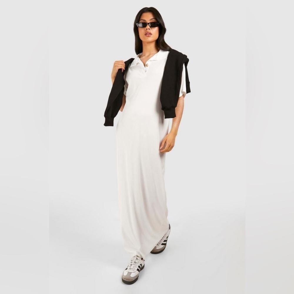 NWT Boohoo Maternity White Ribbed Collared Maxi T-Shirt Dress Size 12 Stretch